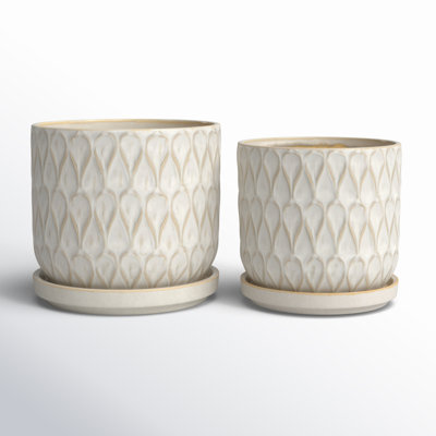 Neutral Textured Ceramic Saucer Planters Set of 2