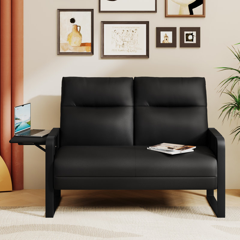 49.6" Faux Leather Mid-Century Loveseat 2 Seater Sofa, Black