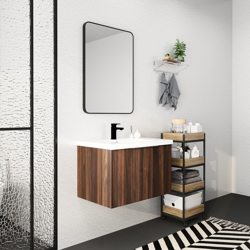 Meuble-lavabo de 30 pouces avec lavabo pour les petites salles de bain. Conception murale moderne. Portes à fermeture en douceur. Bassin en résine. Évier à finition noyer, montage, décoration, lavabo, rangement substantiel,