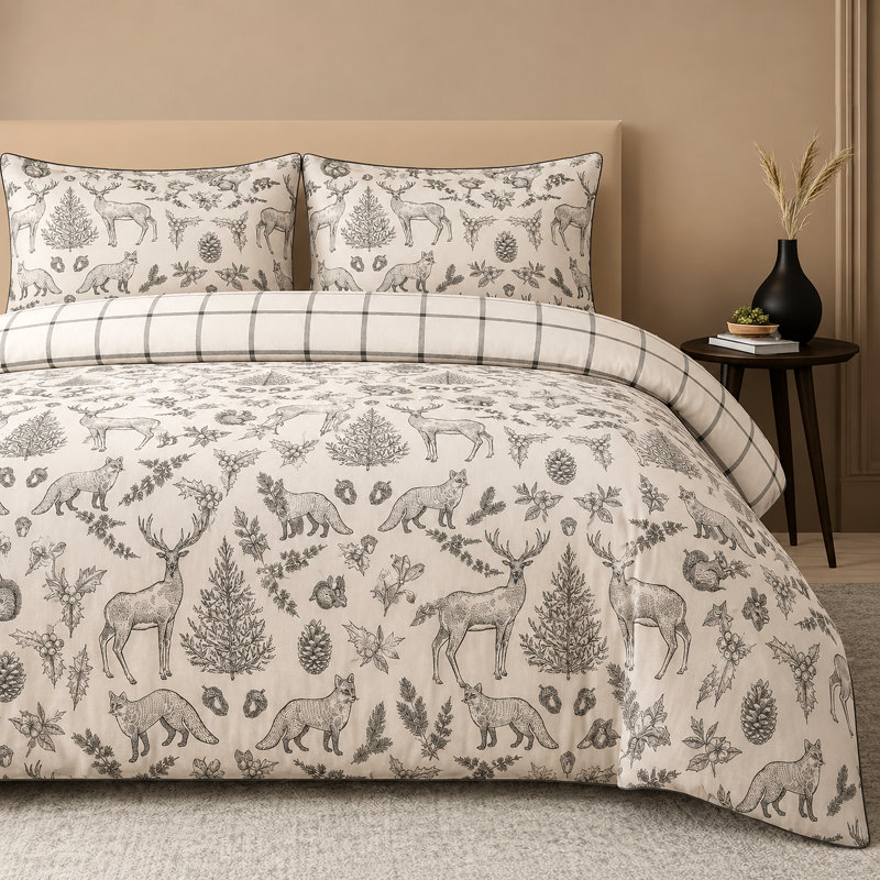 3-Piece Reversible Woodland Forest Duvet Cover Set – 100% Cotton 200TC Sateen, Wrinkle Resistant & Breathable – with Pillowcases