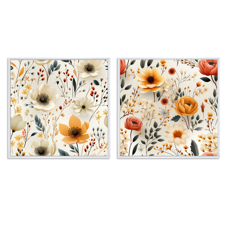 Cecilia - Ensemble de 2 collages carrés botaniques abstraits, Cadre flottant blanc, H 36 po x l 73 po
