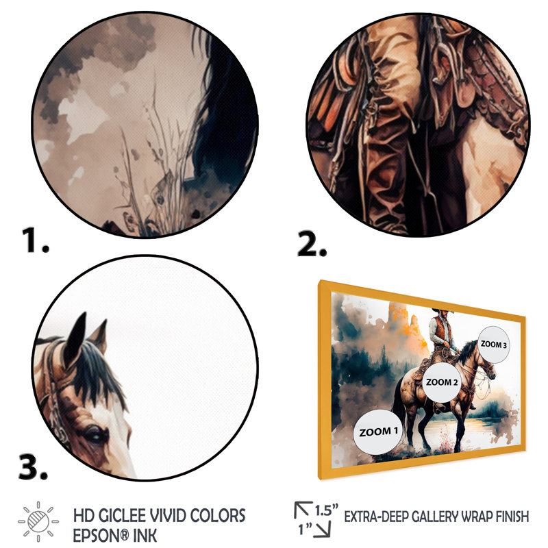 Western Cowboy Riding a Horse I - peinture sur toile, Impression dorée sur toile encadrée, H 16 po x l 32 po x P 1 po