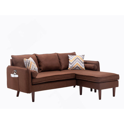 70" Brown Sectional Sofa Chaise With USB Charger & Pillows