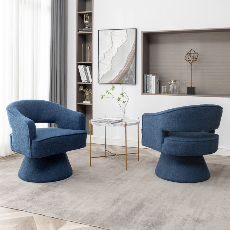 Kenzlee Upholstered Swivel Barrel Chair, Navy Teddy Fabric
