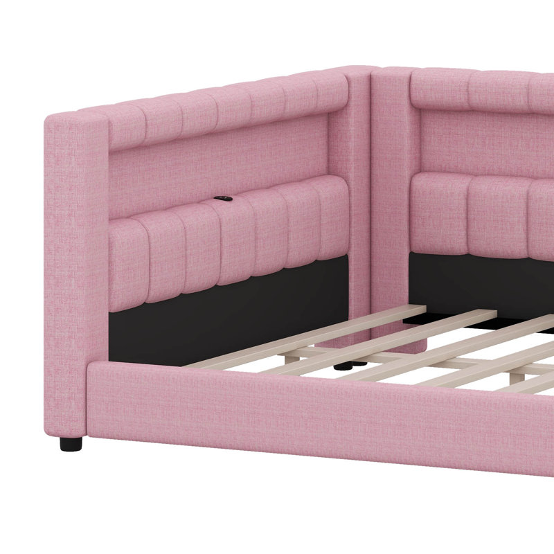 Lit de jour rembourré avec rangement, lit de jour en L avec ceinture à DEL et ports USB, structure de lit de jour en tissu de lin