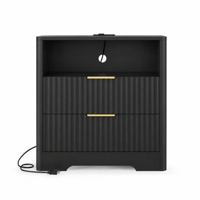 Particle Board Nightstand with Voice-Controlled 7-Color Night Light, 1 AC Outlet, 2 USB Charging Ports, Roomy Top, and Closed Storage Cabinet - Black
