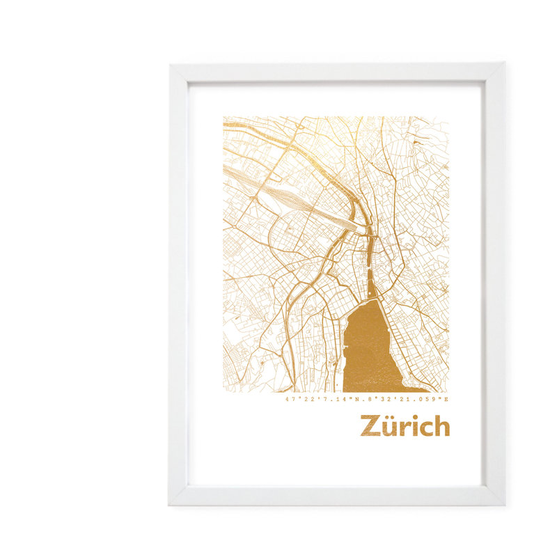 Zurich Map - Single Picture Frame Print, 42.5cm H x 32.5cm W x 3.5cm D
