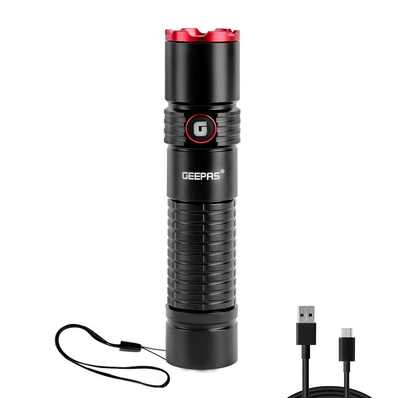 GEEPAS Mini Portable Flashlight | Super Bright Torch 2500 Lumens, 1000M Distance Range | Powerful Pocket Torch, Waterproof IPX5 | Rechargeable Torches for Outdoor Searching, Camping, Hiking (Black) [Energy Class A]
