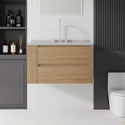 36 Inch Floating Bathroom Vanity with Sink, Soft-Close Door, 2-IN Granite White Cultured Marble Countertop Top & Backsplash,Plywood