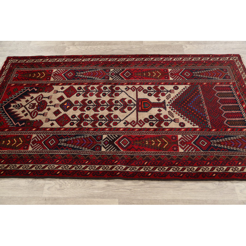 Tapis rouge en laine noué à la main de conception unique 3 pi 5 po x 6 pi 3 po Abbas