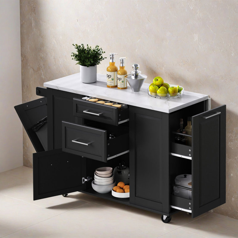 Îlot de cuisine 50,72 po avec rangement pour armoire à ordures basculante et organisateur à tiroirs, chariot de cuisine roulant pour la cuisine, la salle à manger