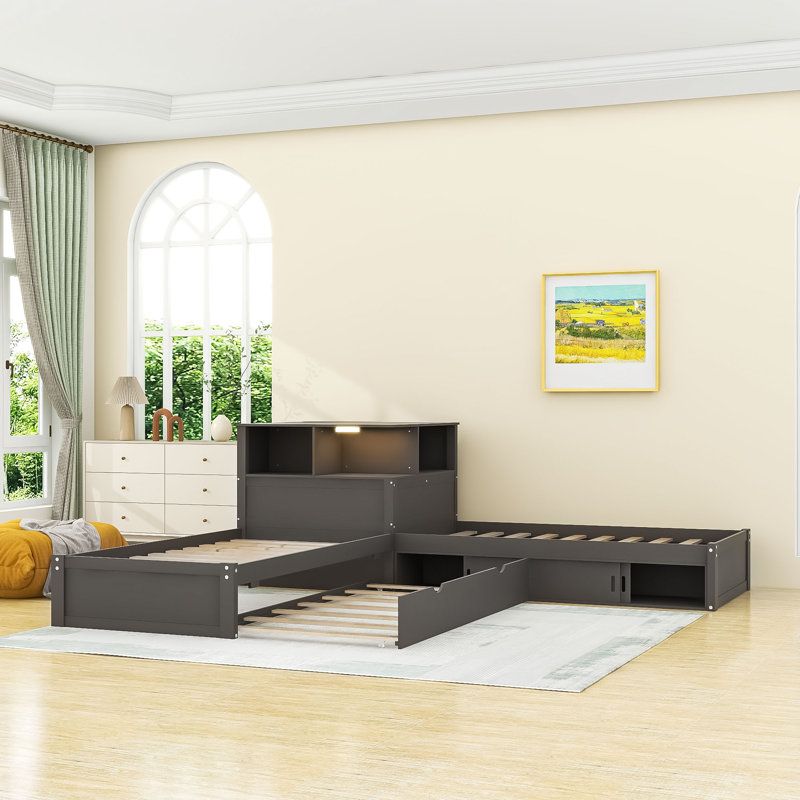 Lit plateforme avec armoires de rangement, bureau, lit gigogne et lumière DEL, gris