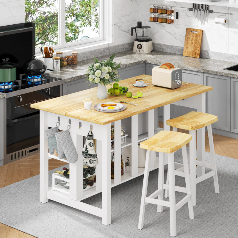 47.3" Solid Rubberwood Kitchen Island with Power Outlets - Extra Large Work Surface, 2 Drawers & Open Shelves Storage Cabinet for Kitchen Dining Room, Farmhouse Style