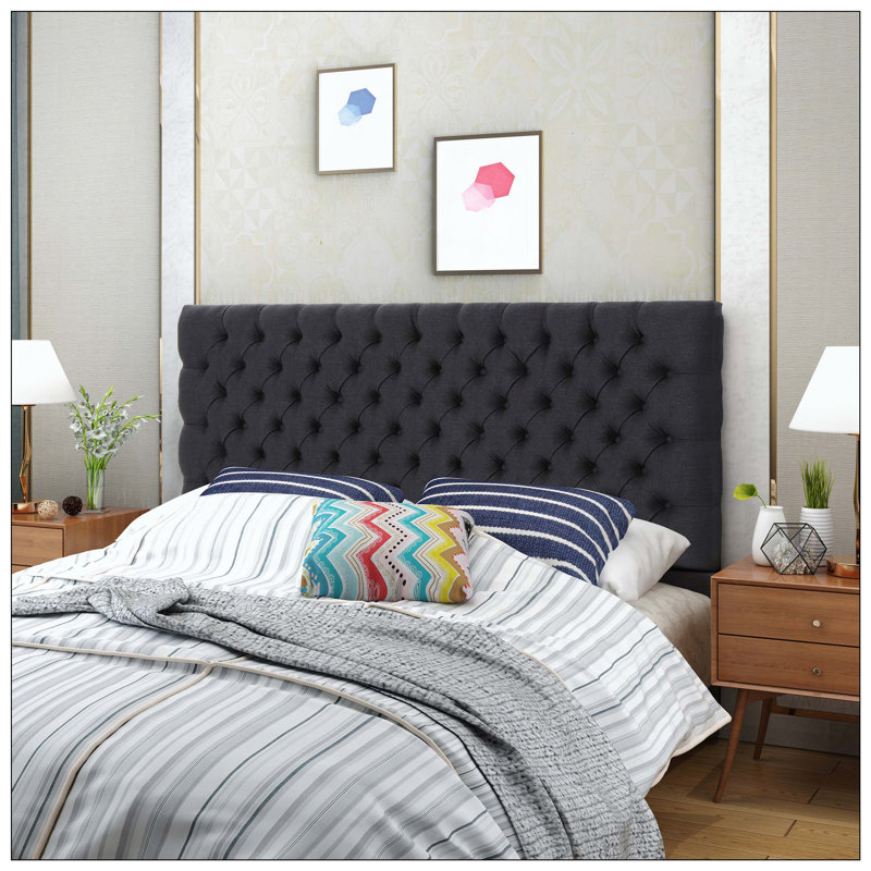 Tufted Upholstered Bed Headboard With Modern Button Design Adjustable And Durable Metal Legs For Bedroom, Charcoal Gray