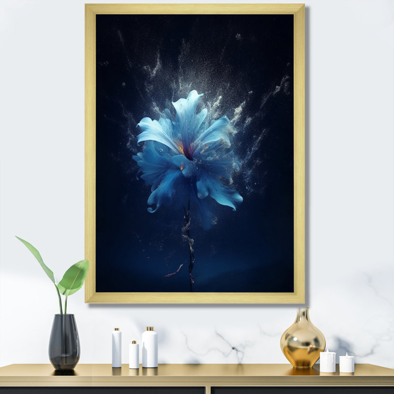 Amaryllis, fleur bleue abstraite sur toile, H 32 po x l 16 po x P 1 po, Cadre doré à une seule photo