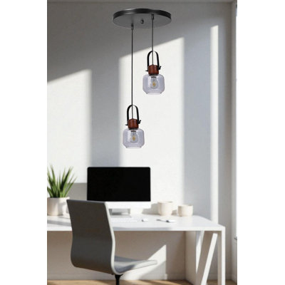 Lustre réglable élégant, structure en métal avec capuchon en verre, 15 po de diamètre x 5,9 po de hauteur | Finition grise, noyer et noire | 2 x culot E27 de 40 W maximum (ampoule non incluse) | Parfait pour la décoration de la salle à manger et du vestibule