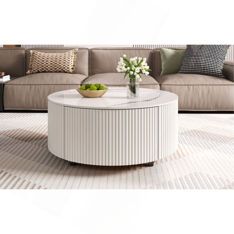 Latitude Run® Modern Round Movable Coffee Table With Casters, 2 Drawers ...