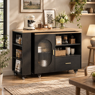 Îlot de cuisine avec table à manger extensible, armoire de rangement, tiroirs, dessus en chêne clair et piètement en chêne noir