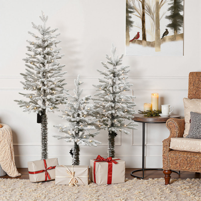 3-Piece Holiday Artificial Tree Sets with Lights and Flat Stand