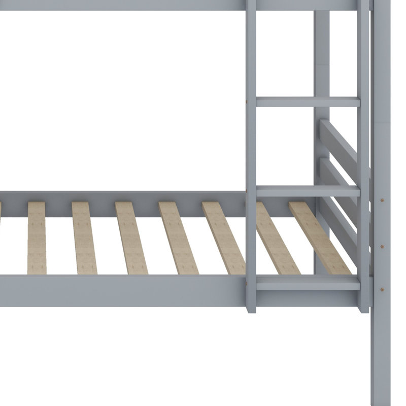Wood Bed With Shelves Headboard, Safety Guardrails And Ladder, Convertible To 2 Beds, Gray