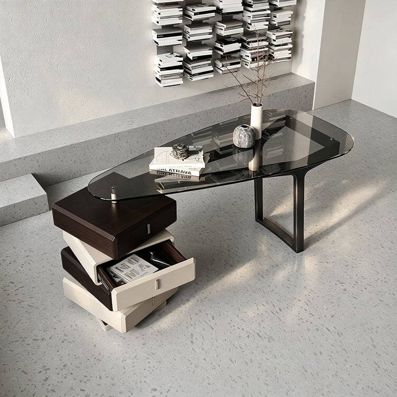 Bureau de direction moderne de 160 cm, bureau d'ordinateur asymétrique noir avec caisson suspendu à 4 tiroirs et piètement ajouré, bureau bicolore pour bureau à domicile
