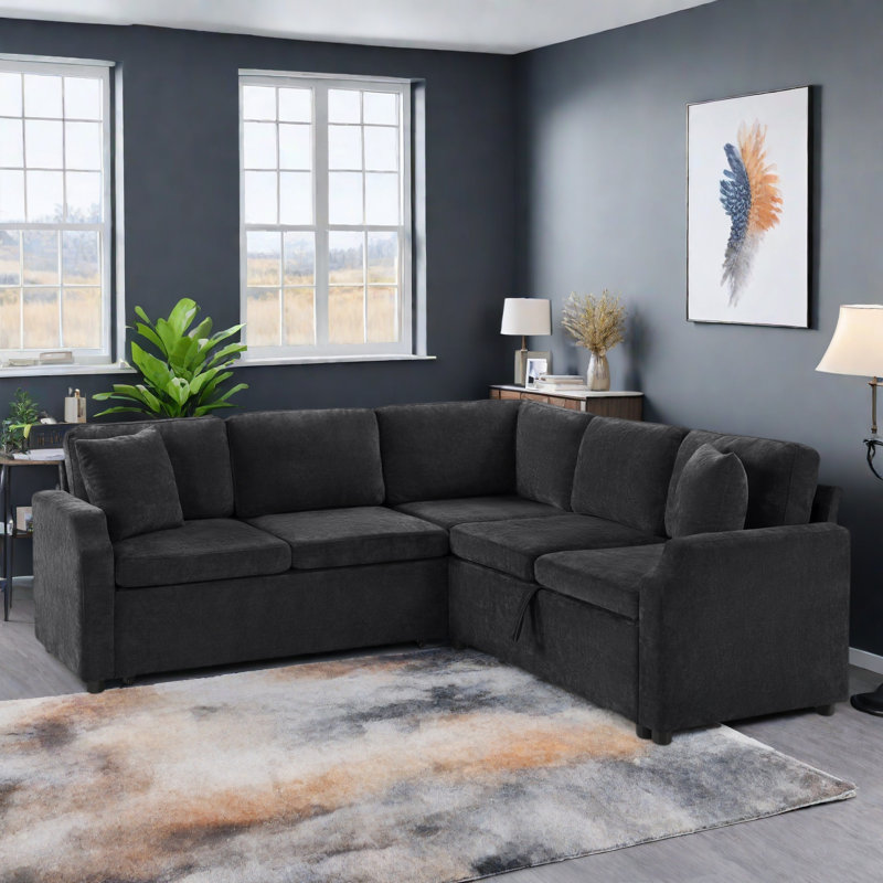 L-shaped Sectional Sofa With Hidden Storage Compartment, Black Chenille
