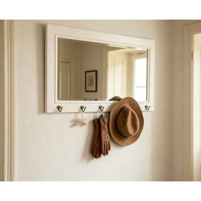 Traditional Pub Mirror With 5 Metal Hooks For Wall Display, Beveled Glass And Wood Frame For Kitchen, Entryway, Or Bar Organization
