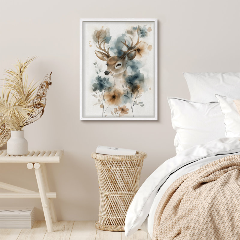 Cerf et fleurs, reproduction d'art encadrée à l'aquarelle, thème de la faune de la forêt douce dans un style de brosse douce pour chambre de bébé ou chambre rustique