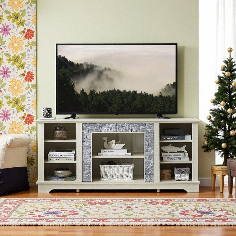 70,12 po de large console de divertissement multimédia avec bordure en faux pierre, grande armoire de rangement et tablettes réglables, peut accueillir un téléviseur de 75 po ou moins