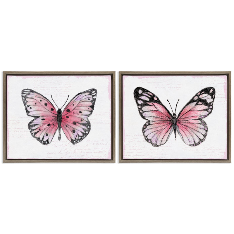 «Pink Butterflies with Vintage Cursive», ensemble de 2 toiles flottantes encadrées, design par Janet Tava, H 17 po x l 21 po