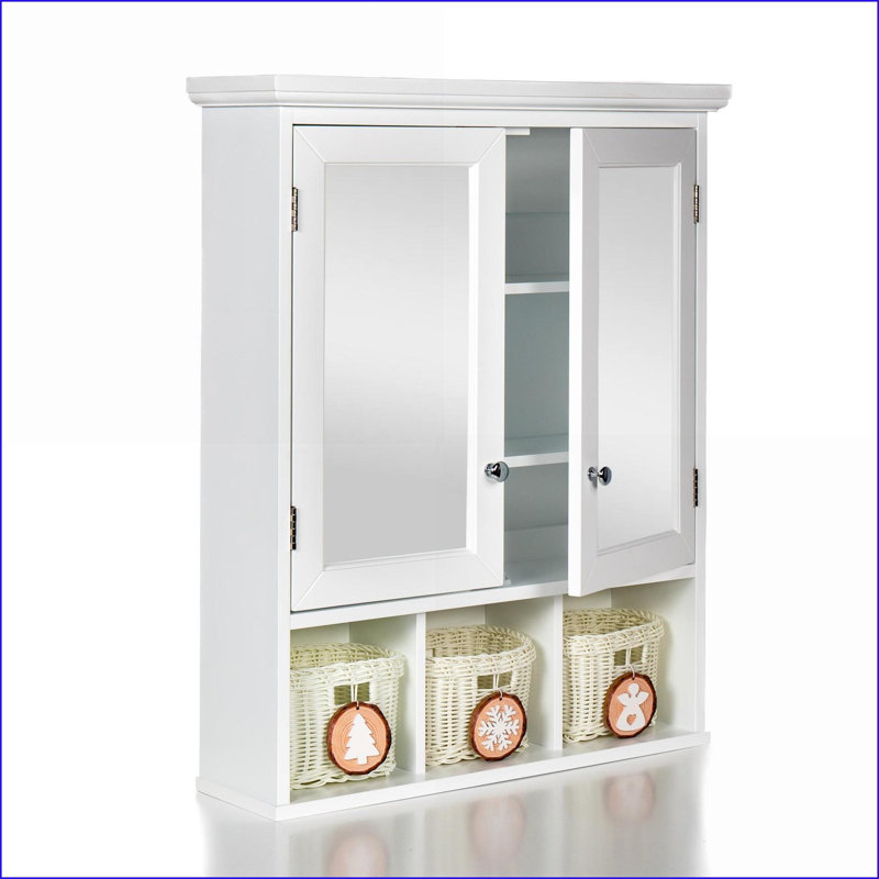 Cabinets, Bathroom Storage with Mirror, 2 Doors 2 Adjustable Shelves + 3 Christmas Baskets, Wall Mounted | Snow White | MDF