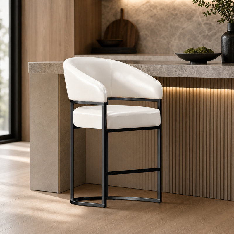 26" Counter Height Bar Stool,White PU Leather Black Metal Base, Black, White Faux Leather
