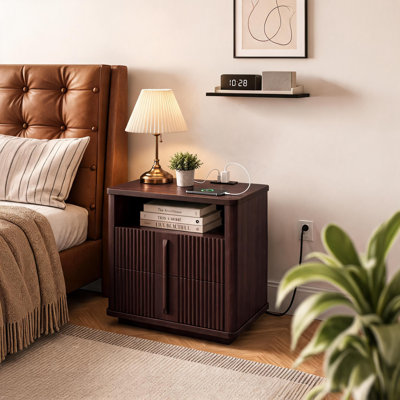 Fluted Nightstand with Charging Station, 2 Drawers and Open Shelf, Bedside Table with 2 AC Outlets, 2 USB and USB-C Port