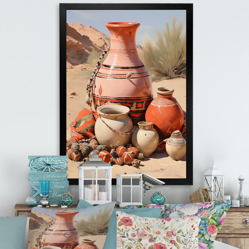 Art mural rose sur toile - Poterie bohème, Cadre simple noir, H 44 po x l 34 po x P 1,5 po