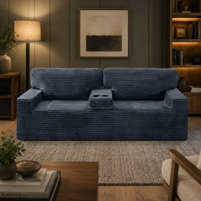 91.9 Inch Modern Legless Compressed Sofa with Soft Ribbed Corduroy Upholstery Removable Center Armrest 2 Cup Holders Side Storage Pockets No Complicated Assembly for Living Room