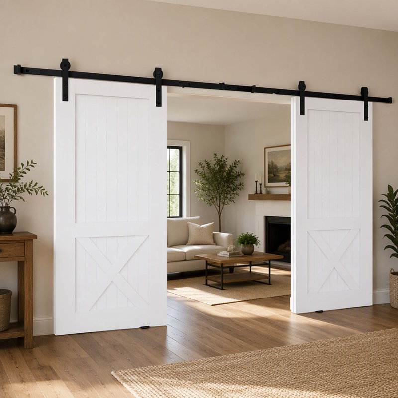 Ensemble de quincaillerie pour rail de porte coulissante de grange de 2,4 m (8 pi), capacité de charge de 150 kg (330 lb) pour portes doubles, compatible avec une largeur de porte totale de 1,13 à 1,3 m (3,7 à 4,3 pi) et des panneaux de 3,3 à 4,6 cm (1,3 à 1,8 po) d'épaisseur, poulies en J silencieuses et fluides.