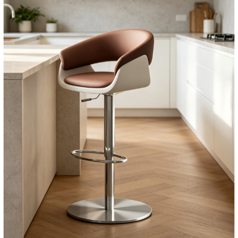 Tabouret de bar rotatif réglable moderne avec base en métal 1 pièce, Brown white