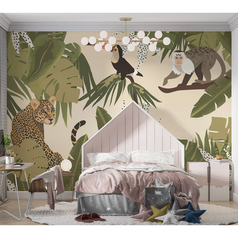 Adhésif mural pelez et collez - Jungle abstraite avec des animaux, L 124 po x l 173 po