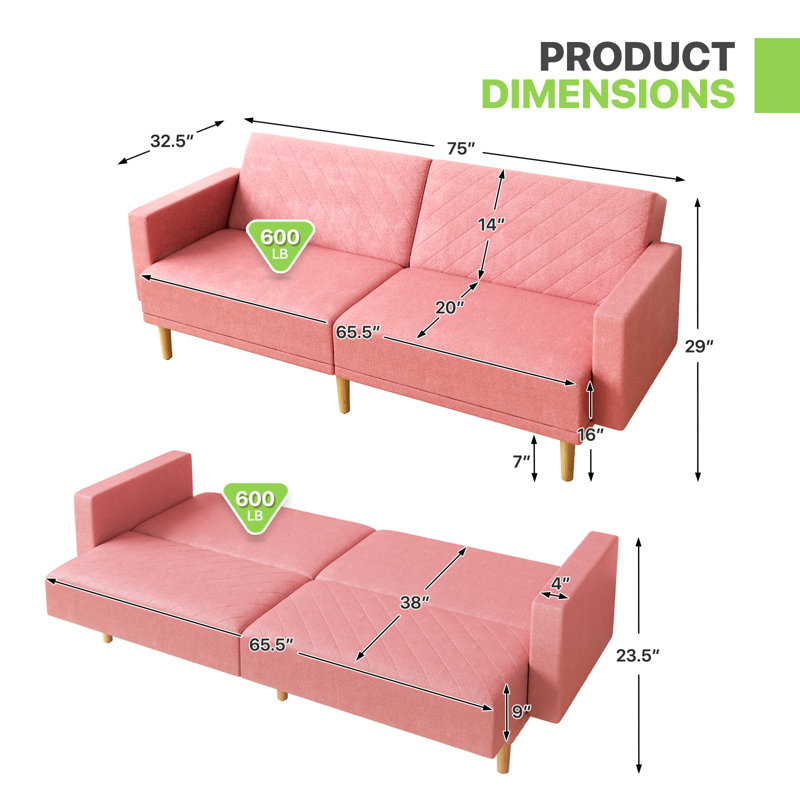 Mid-Century Modern Convertible Futon Sofa Bed Upholstered Loveseat Couch Sleeper With Cotton-Linen Fabric For Living Room