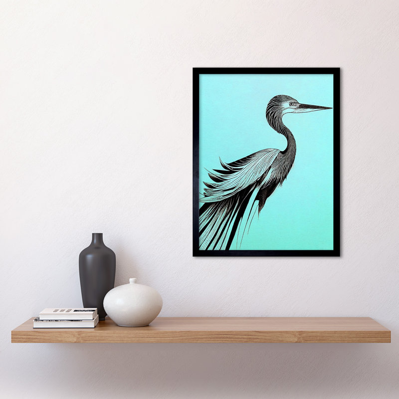 Heron Pen Ink Black On Baby Blue - Single Picture Frame Print
