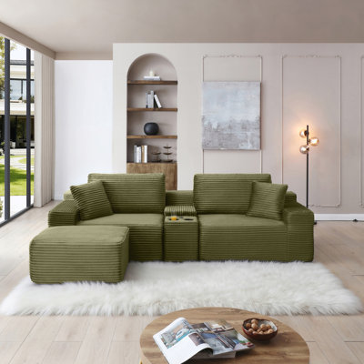 Canapé modulaire modulaire, canapé en nuage de velours côtelé à siège profond avec porte-gobelets, ports USB et boîte de rangement, canapé-lit, canapé sans dossier avec repose-pieds mobile pour le salon, aucun assemblage requis, vert
