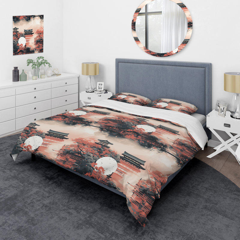 Literie rouge clair à motif de portes I Torii, Housse de couette simple + 1 taie décorative stan