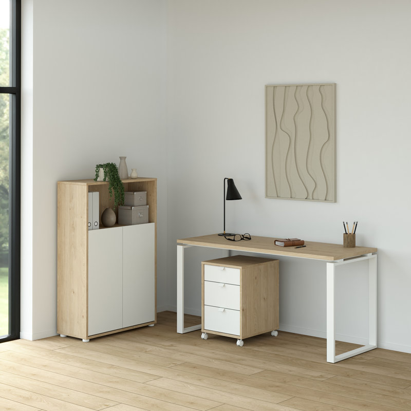 Ensemble de bureau Embrie 3 pièces : caisson mobile à 3 tiroirs, bureau de 150 cm avec pieds en acier et bibliothèque à 3 étagères avec portes, coloris Jackson Hickory/Blanc