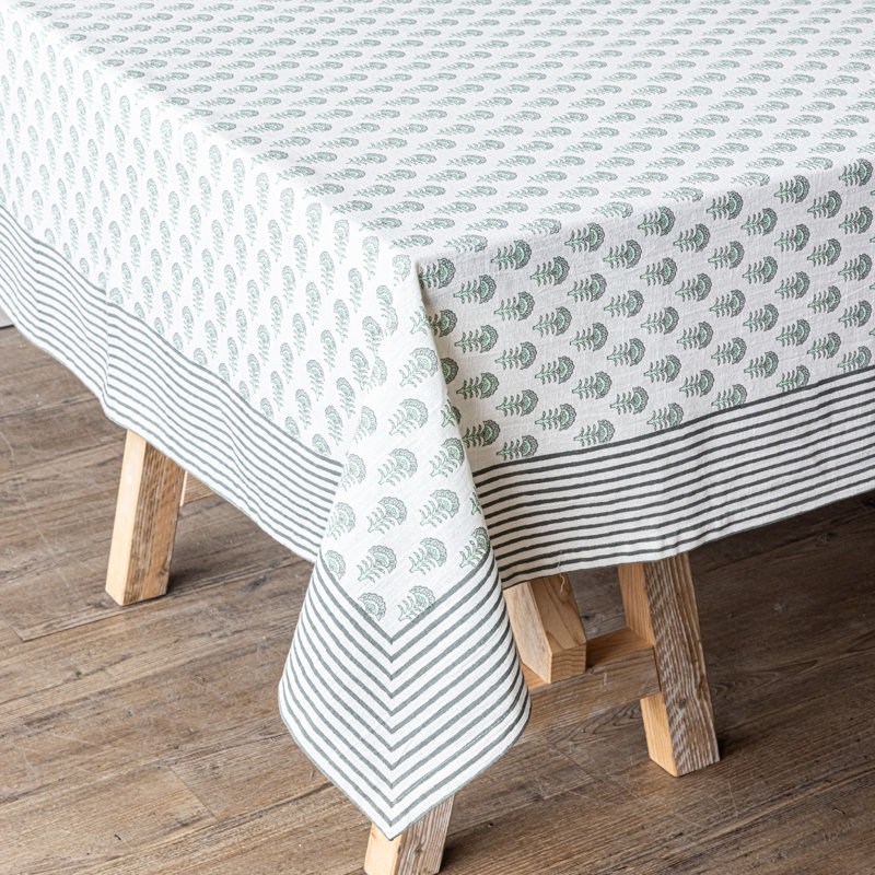 Hand-Screened Green Flower Cotton Rectangular Tablecloth