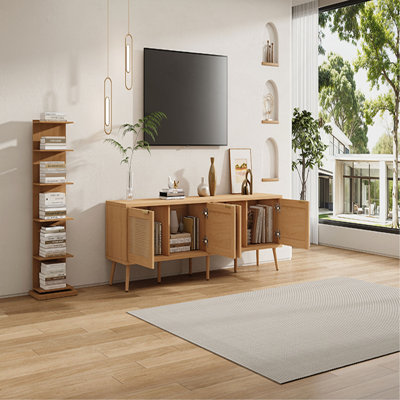 Meuble télé 70 po pour téléviseur de 80 po ou moins, console multimédia avec 4 portes en rotin pour le salon