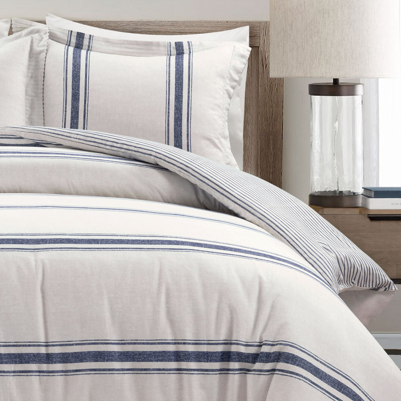 Navy Full/Queen Cotton Farmhouse Stripe Reversible Duvet Cover Set