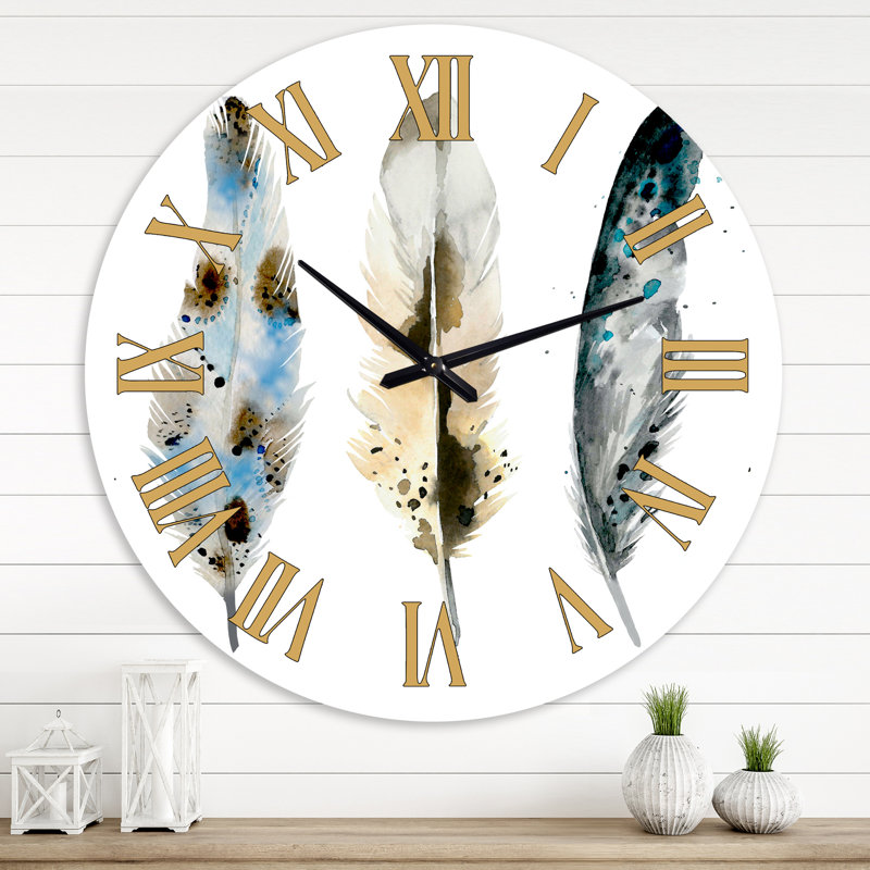Plumes colorées Boho F - horloge murale bohémienne et éclectique, Surdimensionné