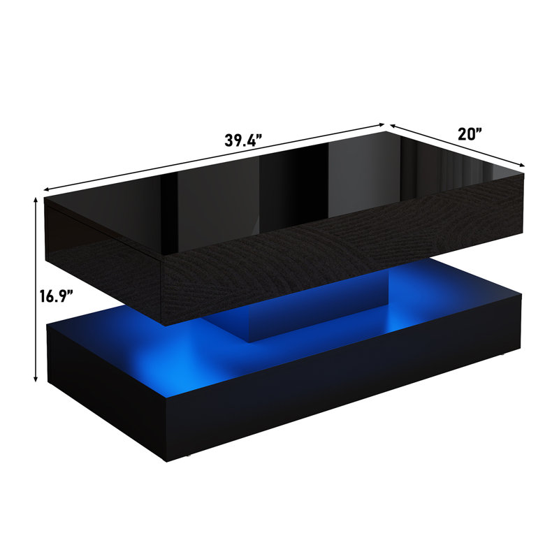 Table basse moderne à DEL ultrabrillante moderne avec 2 tiroirs de rangement, 20 lumières DEL de couleur (APP / télécommande), table centrale à impression marbrée à 2 niveaux pour le salon