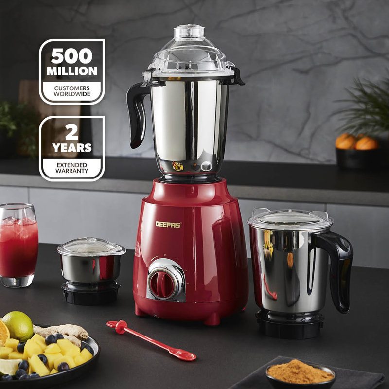 GEEPAS 600W 3-in-1 Mixer Grinder Stainless Steel Jars, Blades Perfect for Chutney, Dry & Wet Fine Grinding Mixing Shockproof Body