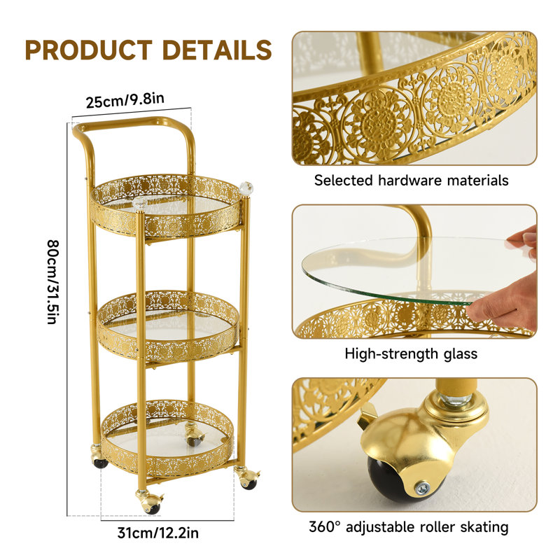 Multi-functional Mobile Trolley Golden Bar Cart Is Suitable For Home Bar Service, Featuring A Rolling Bar Cart With Lockable Casters, A Glass Bar Cart With 3 Mirror Holders